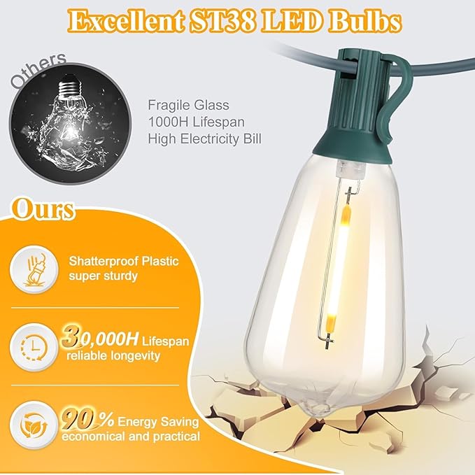 Brightever LED Outdoor String Lights 100FT with 52 Shatterproof ST38 Vintage Edison Bulbs, Outside Hanging Lights Waterproof for Patio, Porch, Deck, Garden, Backyard, Balcony, Green Wire Brightever