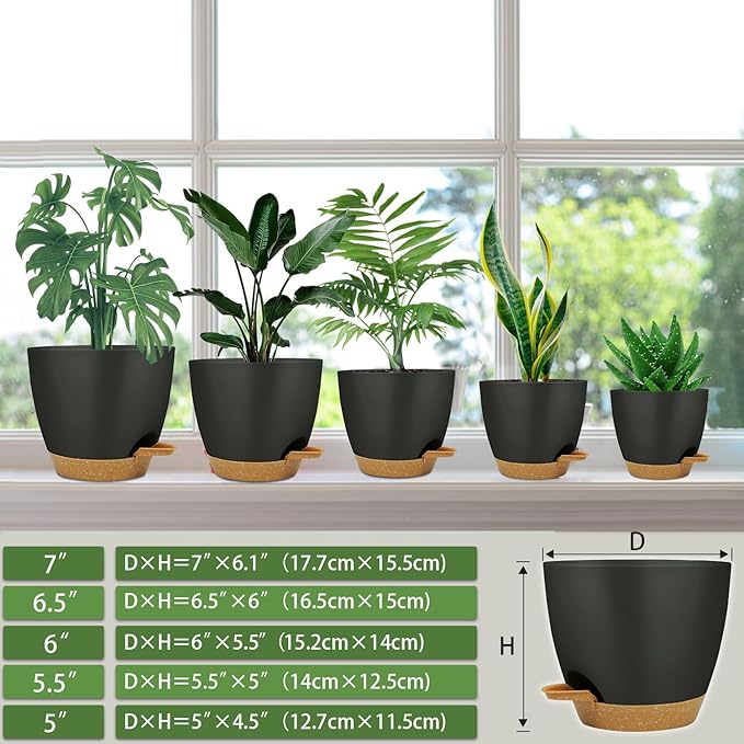 Self Watering Planters with Drainage Holes Reservoir,Nursery Planting Pot for Indoor Decor Garden Plants Succulents,Snake Plant, African Violet,Plastic Flower Pots Set 7+6.5+6+5.5+5 Inch (Black) STSTECH