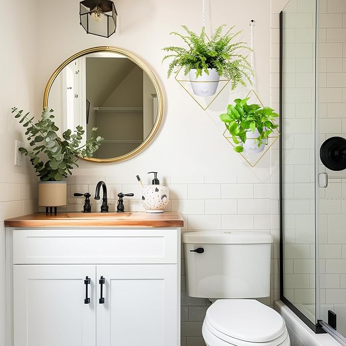 Hanging Planters for Indoor Plants, 2 Set Self Watering Hanging Flower Pots, Modern Hanging Plant Baskets with Metal Plant Holder & 6.5 Inch Plastic Pots for Garden Home Decor (Gold Frame White Pot) Koalaime