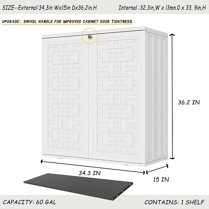 Indoor Outdoor Storage Cabinet Waterproof with Shelf, Off White Plastic Outdoor Cabinets for Patio/Garden/Backyard, Size 34.3''L*15''W*36.2''H Mrosaa