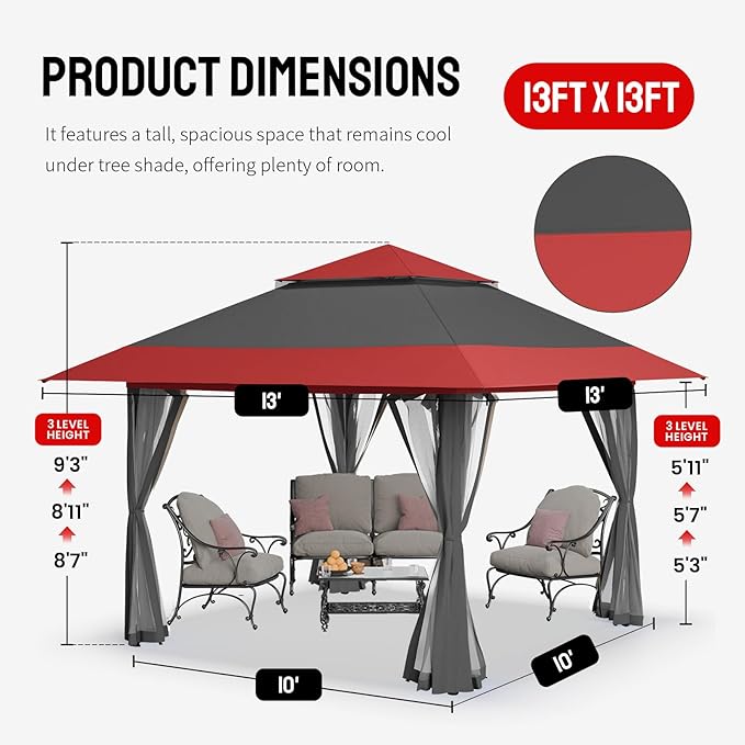 CROWN SHADES 13x13 Pop Up Gazebo, Canopy Tent, Gazebos on Clearance - Outdoor Gazebo for Backyard & Patio Furniture - Carpa Pop Up Tent with Wheeled STO-N-Go Cover Bag (Red & Grey) CrownShades