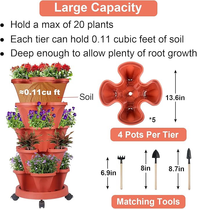 GameXcel Vertical Planter 5 Tier Stackable Planters Garden Planters Strawberry Herb Flower and Vegetable Planter Indoor Outdoor Gardening Pots with Removable Wheels and Tools GameXcel