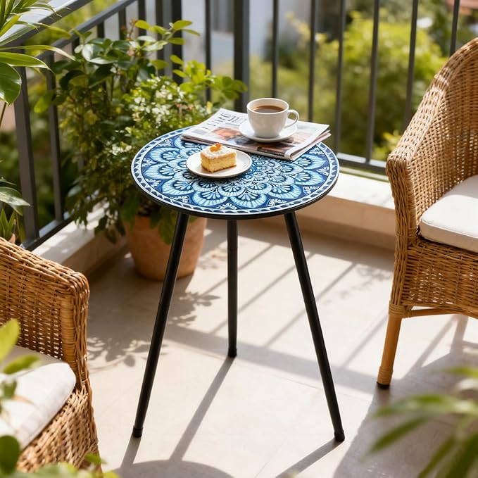 2 Packs Metal Mosaic Round Side Tables 13.4" Small Outdoor Patio Round Accent Coffee Tables Indoor Corner Stand for Small Spaces Weather-Resistant for Balcony, Porch Plant Stands Indoor, Blue Mosaic PartyZealot