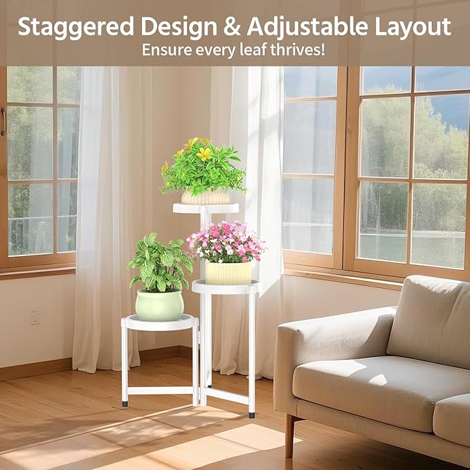 LASZOLA 3 Tiered Folding Plant Stand Indoor for Multiple Large Planter, Tall Heavy Duty Adjustable Rack with Rust Proof Plastic Shelving, Sturdy Vertical Tree Organizer for Narrow Inside Floor, White LASZOLA