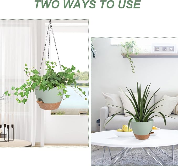 Hanging Planters for Indoor Outdoor Plants, 2 Pack Self Watering Hanging Pot with Drainage Holes & Removable Tray (Green, 6'') Vanslogreen