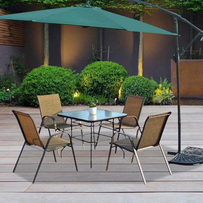 VINGLI Glass Patio Table with Umbrella Hole, 32" Square Outdoor Dining Table Steel Tempered Glass Patio Tables Outdoor Tables for Balcony Garden Deck VINGLI