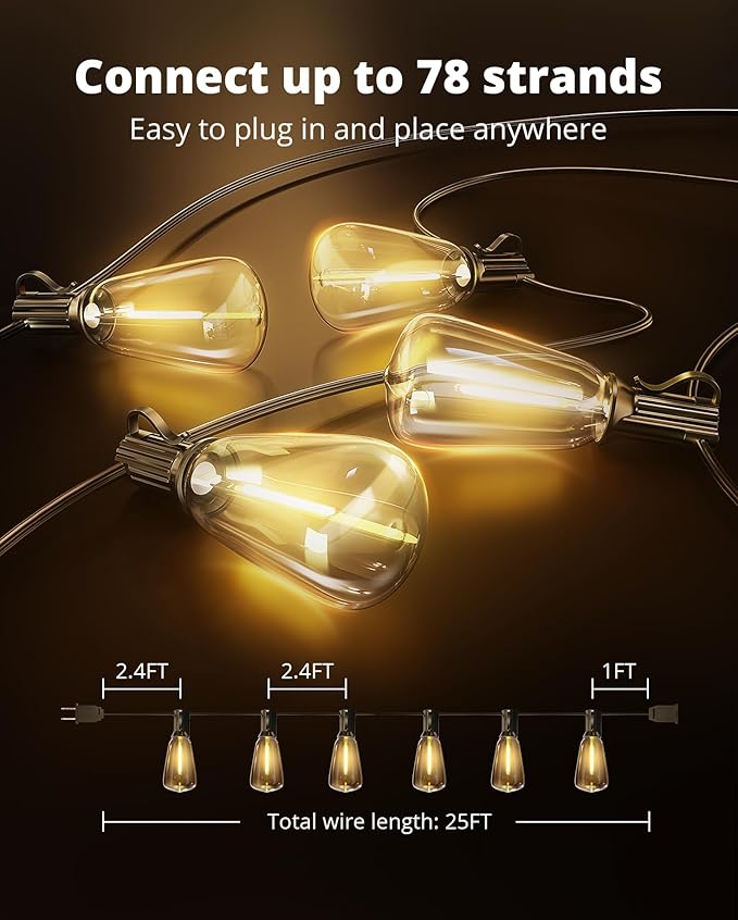 VIPAR Outdoor String Lights 25FT LED Patio Lights IPX5 Waterproof with 10+1 ST38 Shatterproof Edison Bulbs, 2700K Connectable Outside Hanging Light for Porch, Garden, Backyard, Deck, Balcony, Decor VIPAR