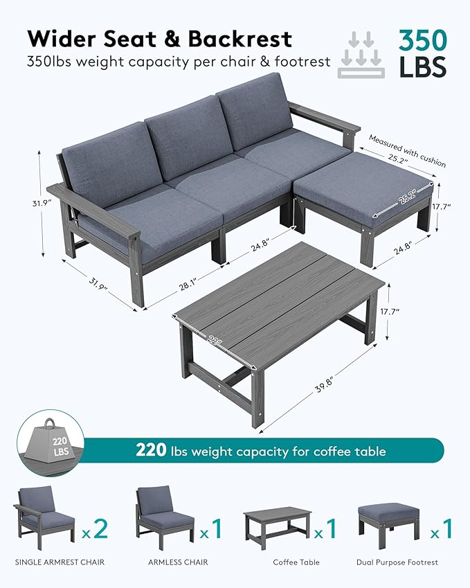 SERWALL Outdoor Sectional Sofa Set, 5-piece Outdoor Modula Couch Set with Ottoman, All Weather Patio Furniture Set with Chaise for Deck, Lawn, Gray Frame with Gray Cushion SERWALL