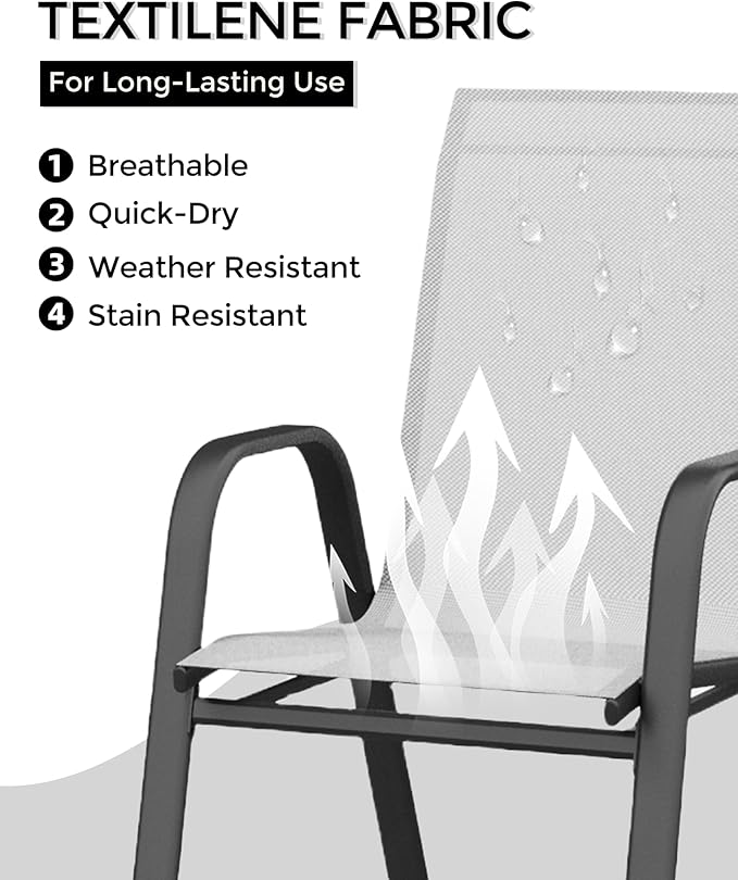 Outdoor Stackable Dining Chairs Set of 4, High-Back Patio Stacking Chairs, Patio Chairs with Textilene Farbic & Metal Frame for Lawn Backyard Deck Garden,Grey Rootora