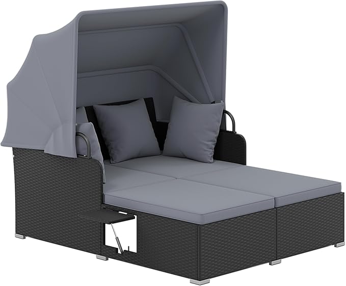 Tangkula Patio Rattan Daybed with Retractable Canopy, Outdoor Wicker Sunbed Lounger with 2 Foldable Side Tables, Thick Seat & Back Cushions, Outside Double Daybed for Garden, Backyard, Porch (Grey) TANGKULA