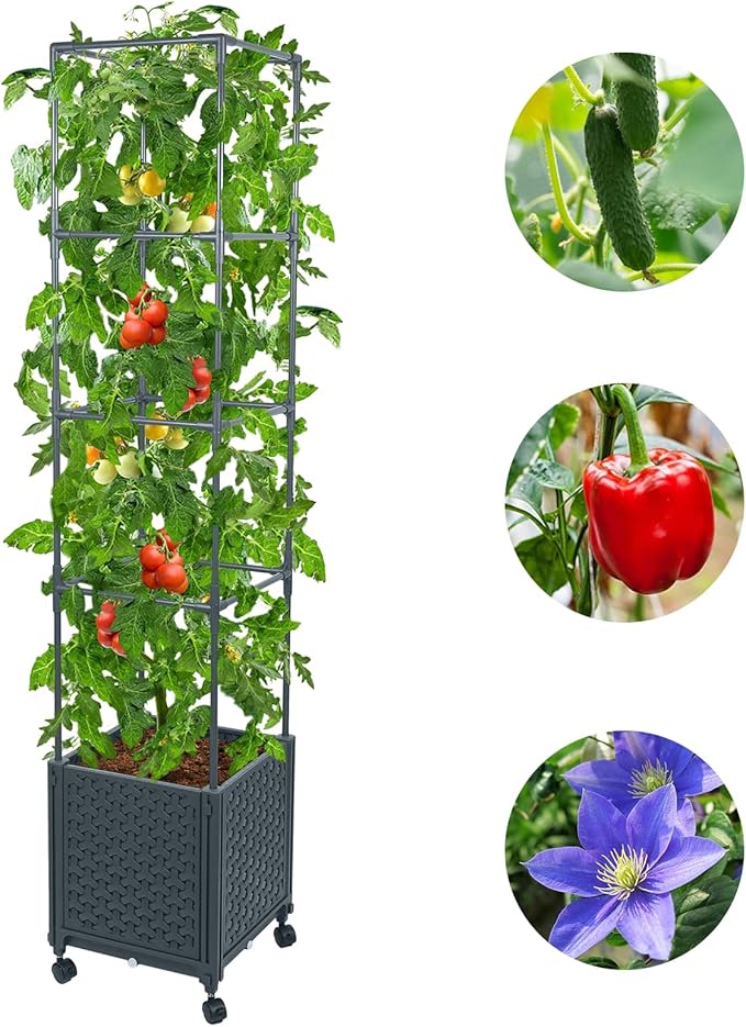 GREEN MOUNT Raised Garden Bed Planter Boxes with Trellis for Climbing Vegetables Plants, 56.7" Tomatoes Planters Outdoor Tomato Cage w/Wheels GREENMOUNT