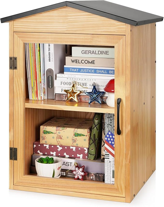 Outdoor Library Outdoor Book Box Storage Wooden Cabinet Little Literature Box for Neighborhoods Community and Schools Sharing Books, Flyers, Newspapers, Food and Art(C) Exttlliy
