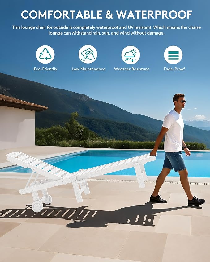 SERWALL Outdoor Chaise Lounge Set of 6, HDPE Pool Lounge Chair with 5-Position Adjustable Backrest, Patio Lounger with Rolling Wheels & Cup Holder for Pool, White SERWALL