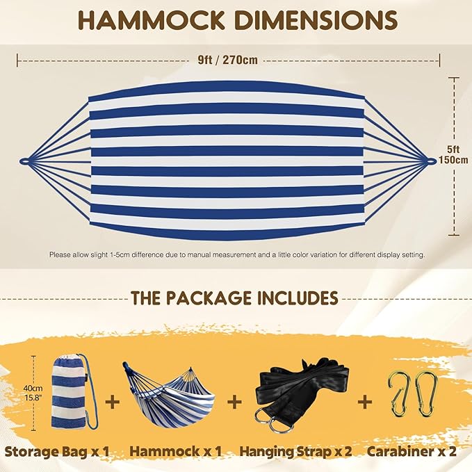 ANYOO Cotton Hammock Portable Camping Hammocks for Hanging Sturdy Garden Comfortable Fabric Hammock with Tree Straps Up to 660lbs with Travel Bag for Camping Outdoor/Indoor Patio Backyard Anyoo