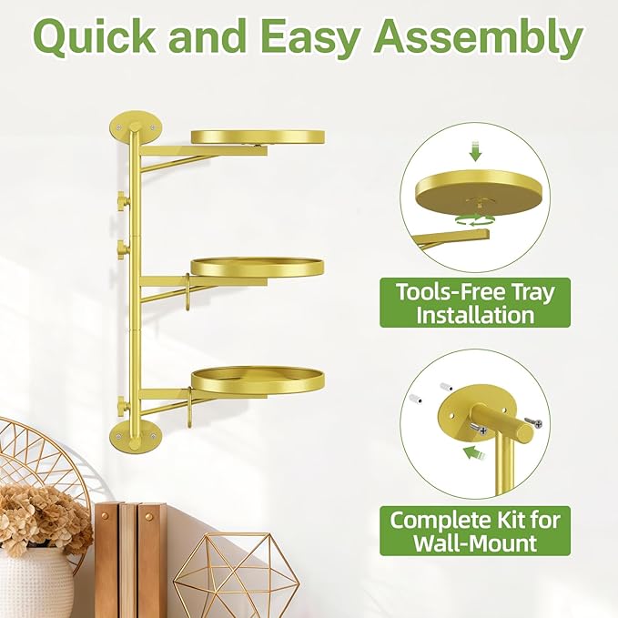 iDavosic.ly Rotating Window Plant Shelves, 3-Tier Metal Wall Stand with 2 Hooks, Flower Display Holder Rack for Living Room, Space Saving, Gold (Pots/Chains/Plants Not Included) iDavosicly
