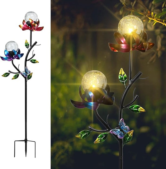 VCUTEKA Solar Garden Flowers with LED Light Crackle Glass Globe Solar Lights Outdoor Metal Stake Wind Spinner for Garden Decoration, Patio Decor, Yard Decor and Gift for Mother VCUTEKA