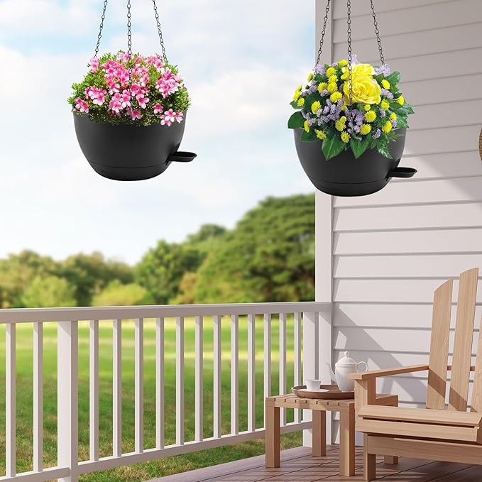 10 inch Hanging Planters for Indoor Plants, 3 Pack Self-Watering Hanging Planter Pots with Chain and Drainage Holes, Outdoor Plastic Hanging Baskets for Garden Home Decor (Black, 3pcs/10inch) Rootora