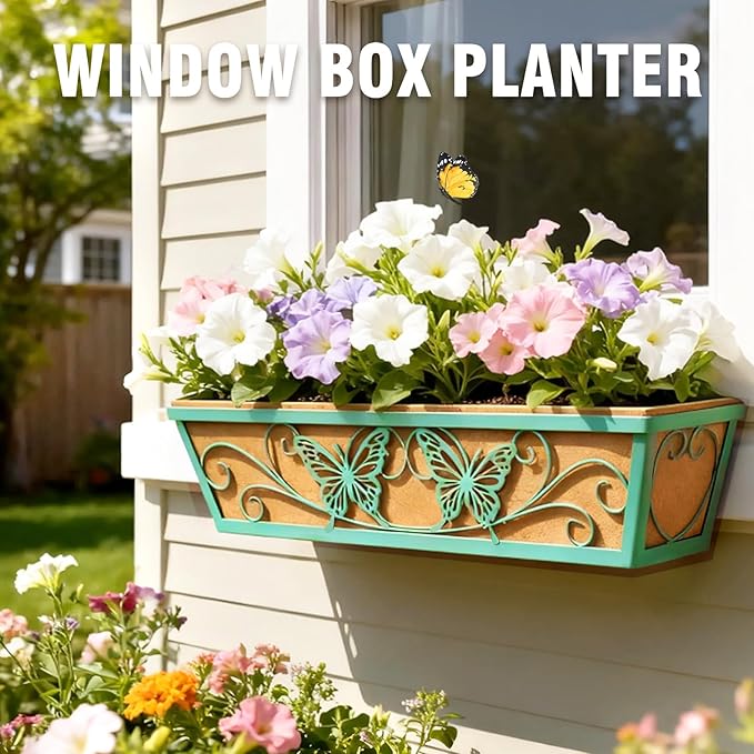 4 Pack 24 Inch Window Boxes Planter Railing Planters Box with Adjustable Brackets for Porch Deck Balcony Hanging Butterfly Decorative Flower Baskets & Non-Woven Fabric Liner for Outdoor Plants - Green KarlliuHOMEGARDEN