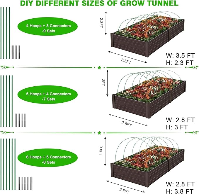 60pcs Garden Hoops for Raised Beds Wide, 8ft Greenhouse Hoops Grow Tunnel for Row Cover Netting, Adjustable Fiberglass Rust-Free Garden Bed Plant Hoops Support DIY Frame Stake for Outdoor, 40pcs Clips FuBegi