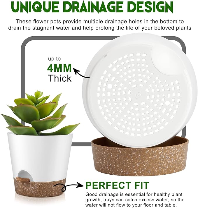 Indoor Outdoor Plant Pots- Self Watering Planters with Drainage Holes and Saucers, 9,8, 7.5 Inches, 3 Pots (Snow) AFamilyofGardenLovers