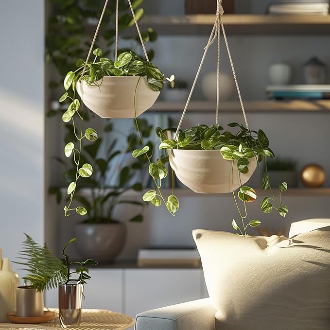 La Jolie Maison 10 Inch Hanging Planters for Indoor Plants, Outdoor Garden Planter Pots with Self-Watering Tray, Oatmeal, Set of 2 LaJolieMaison