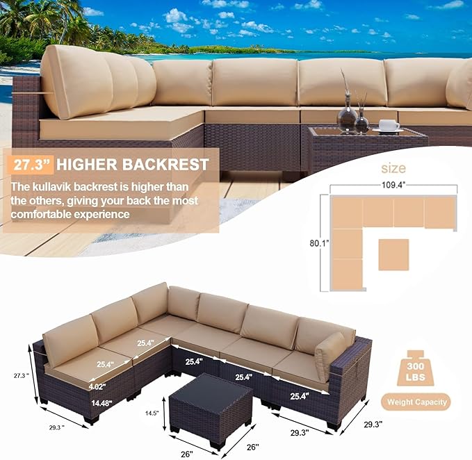 Kullavik 7 Pieces Outdoor Patio Furniture Set PE Wicker Rattan Sectional Sofa Patio Conversation Sets,Sand KULLAVIK