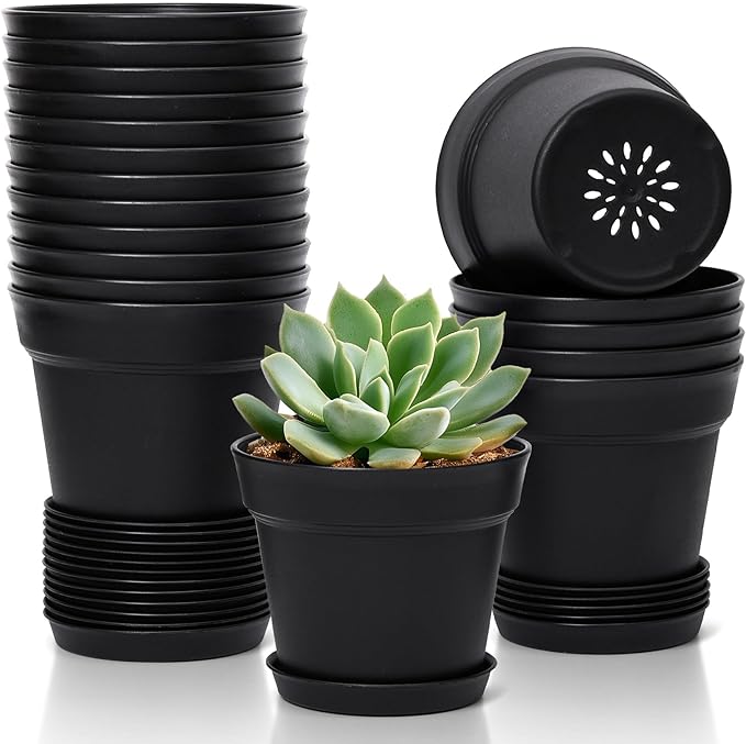 T4U 4 Inch Plant Pots 18-Pack, Small Flower Pots with Saucer and Drainage Hole, Durable Plastic Pots, Nursery Small Flower Pot Bulk for Plants, Succulent, Violet, Decorative (18 Pack 4" Pot, Black) T4U