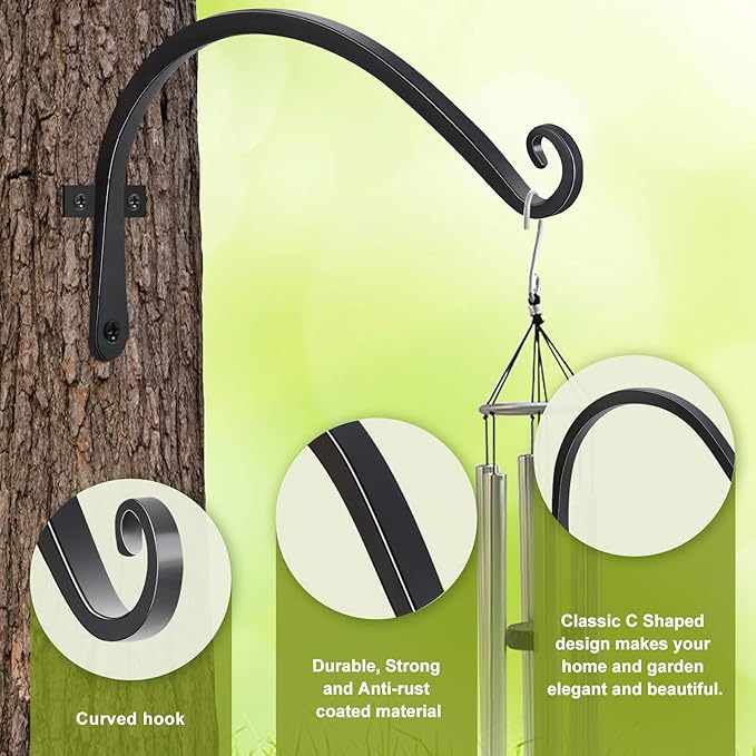 FEED GARDEN 2 Pack 12 Inch Hanging Plant Bracket Wall Hooks Decorative Plant Hangers for Outdoor Hanging Bird Feeders, Wind Chimes, Plant Baskets, Black FEEDGARDEN