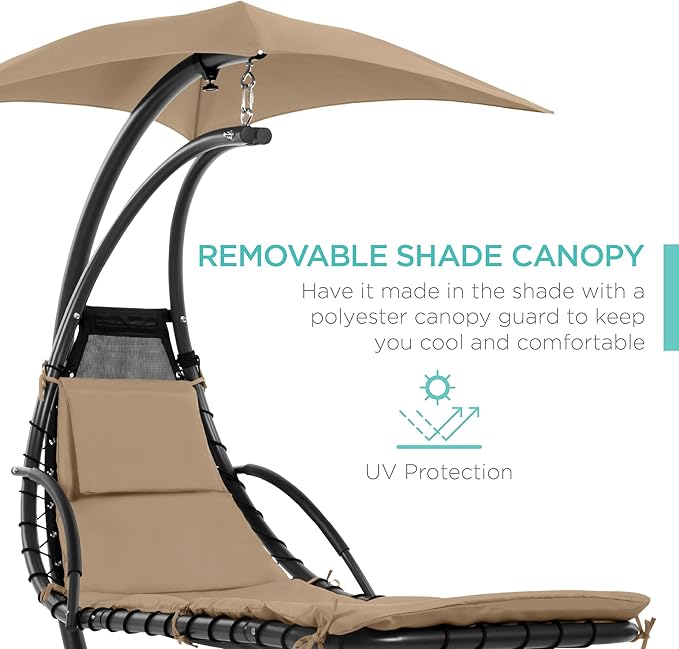 Best Choice Products Outdoor Hanging Curved Steel Chaise Lounge Chair Swing w/Built-in Pillow and Removable Canopy - Tan BestChoiceProducts