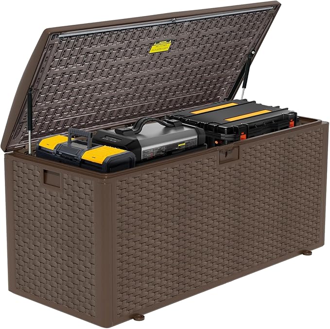 TARKARI Premium Pro Edition 180 Gallon Lockable Resin Deck Box, Waterproof & UV-Resistant Outdoor Storage Box for Outdoor Cushion Storage, Garden Tools & Pool Accessories Storage, Brown Home