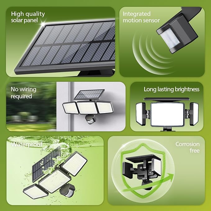 Philips Solar Security Light Outdoor 302 LED 1200lm，Solar-Powered Waterproof Wall-Mounted Flood Light w/PIR Motion Sensor, 3 Heads, IP65 Waterproof, 3 Modes 6 Packs PhilipsLightingLED