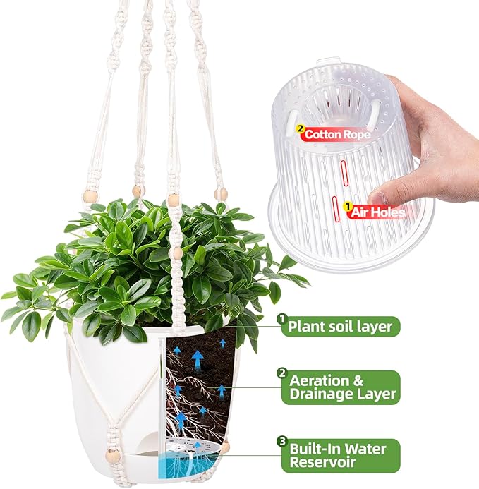 2-Pack 5.7-Inch Self-Watering Hanging Planters for Indoor & Outdoor Plants,34Inch Macrame Hanger Plant Pots Indoor with Drainage,Small Hanging Planters & Baskets,With Two Sets of Hooks（Pure white） QCQHDU