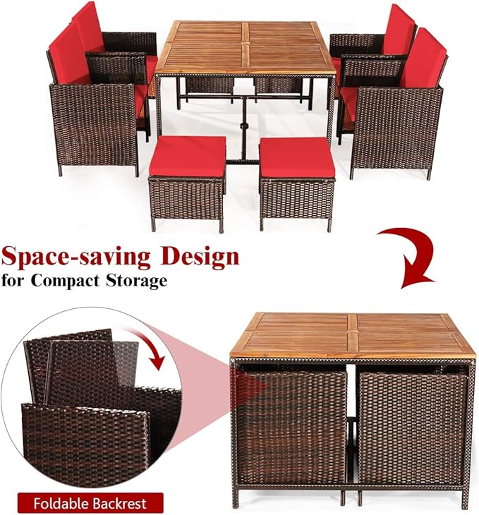 Tangkula 9 Pieces Acacia Wood Patio Dining Set, Space Saving Wicker Chairs and Wood Table with Umbrella Hole Outdoor Furniture Set, Suitable for Garden, Yard, Poolside, Outdoor Seating Set TANGKULA