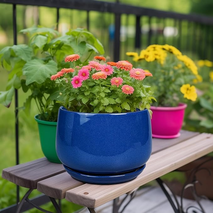 G EPGardening Ceramic Pots for Plants, 9 Inch Modern Round Planter with Drainage and Tray Indoor Outdoor for Flower, Patio Decor, Housewarming Gifts, Blue GEPGardening