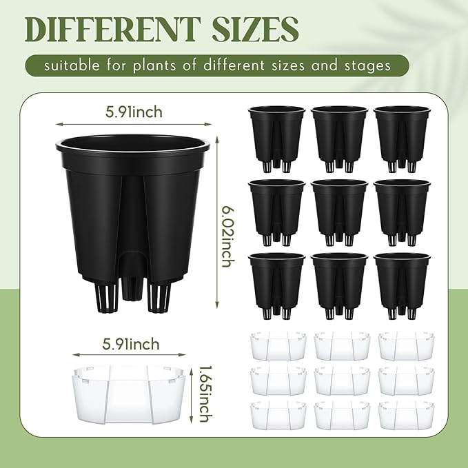 Self Watering Pots for Indoor Plants with Deep Reservoir and High Drainage Holes for Outdoor Plants and Flowers, Bare Root Planter (5.91'',Black,9 Pcs) Wonderjune