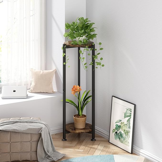 Plant Stand Indoor Corner Tall 2 Tier Metal Modern Flower Storage Plant Shelf Holder for Living Room Balcony Garden,Black (2 Tier-Black Round) YIZAIJIA