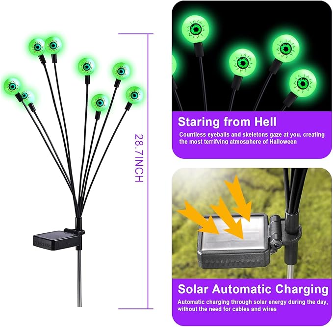 ASMAD Scary Solar Eyeball Lights, Waterproof Swaying Firefly Path Lights for Outdoor/Halloween Decorations/Garden/Yard/Patio/Party Decor, Green Eyeball, 4 Pack, 32 LEDs ASMAD