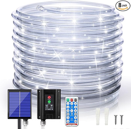 ANJAYLIA Solar Outdoor Rope Lights, 66FT 200 LED Solar Powered Rope Lights Outdoor, 8 Modes Timer Remote String Light Rope Solar Lights Outdoor Waterproof for Garden Decor, White ANJAYLIA