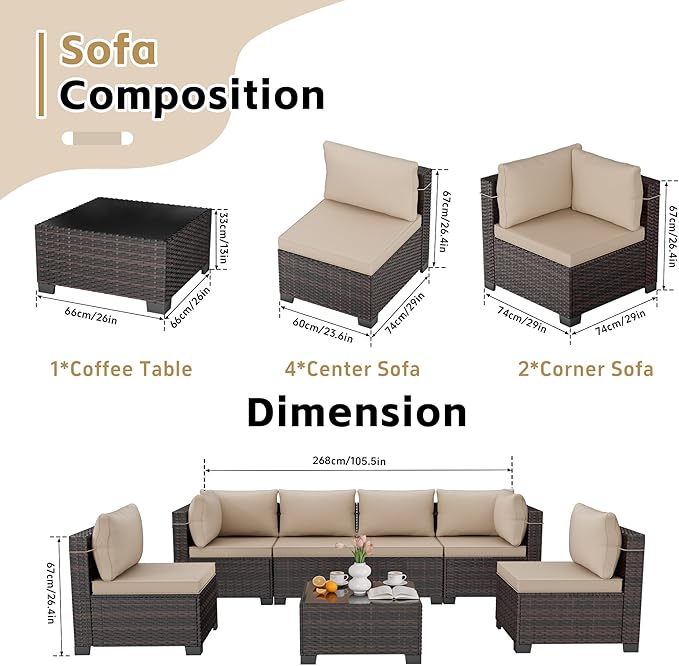 LEVELEVE 7 Pieces Outdoor Patio Furniture Sets,Rattan Conversation Sectional Set,Manual Weaving Wicker Patio Sofa with Tea Table Enjoyyourlife