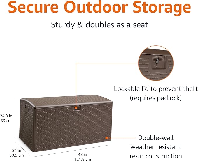 Amazon Basics Outdoor Storage Deck Box, Lockable, Weather-Resistant, 99 Gallon, Brown, for Patio Cushions, Gardening Tools, Pool Accessories AmazonBasics