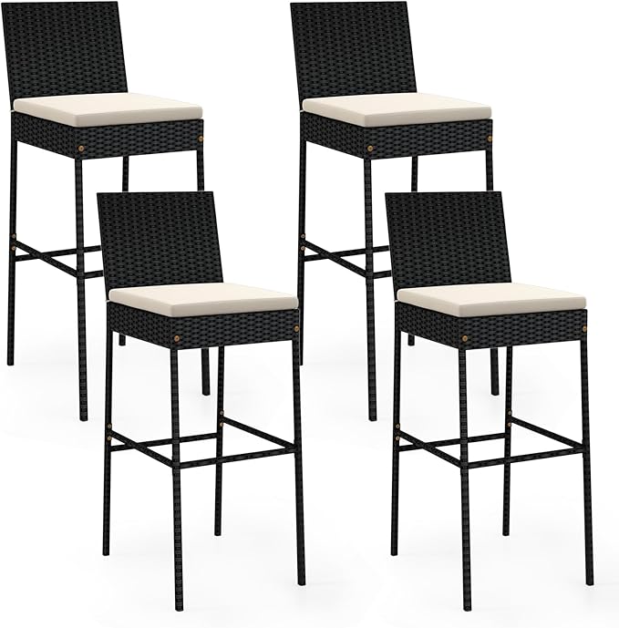 HAPPYGRILL Wicker Patio Barstools Set of 4, Outdoor Rattan Bar Chairs with Footrest & Backrest, Armless High Top Chairs with Seat Cushions for Backyard, Balcony HAPPYGRILL