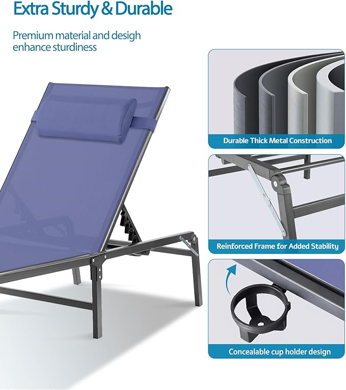 2 Pack Foldable Chaise Lounge Chair with Cup Holder, Assemble-Free Outdoor Lounge Chair with Detachable Pillow and 6 Adjustable Backrest, Patio Lounge Chair for Outside Poolside Beach Pool, Blue HOMELYM
