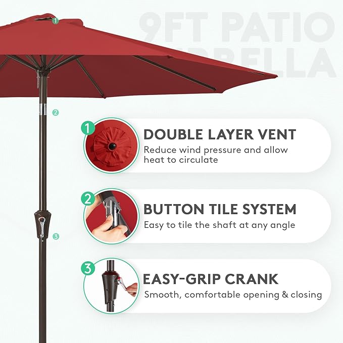 JEAREY 9FT Outdoor Patio Umbrella Outdoor Table Umbrella with Push Button Tilt and Crank, Market Umbrella 8 Sturdy Ribs UV Protection Waterproof for Garden, Deck, Backyard, Pool (Red) JEAREYOutdoorsCollection