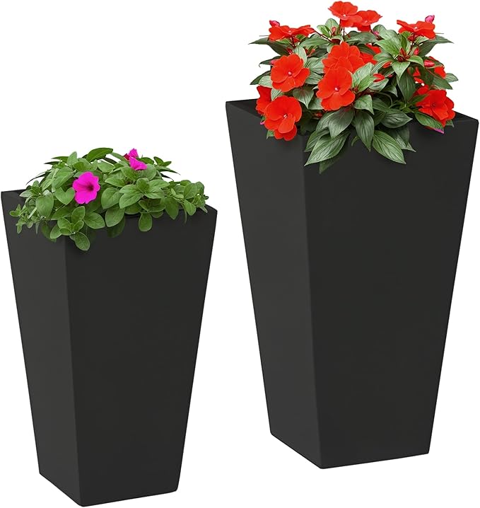 Outsunny 2-Pack Outdoor Planter Set, Flower Pots with Drainage Holes, Durable & Stackable Plant Pot, 22in & 18in, for Porch, Entryway, Patio, Yard, Garden, Black Outsunny
