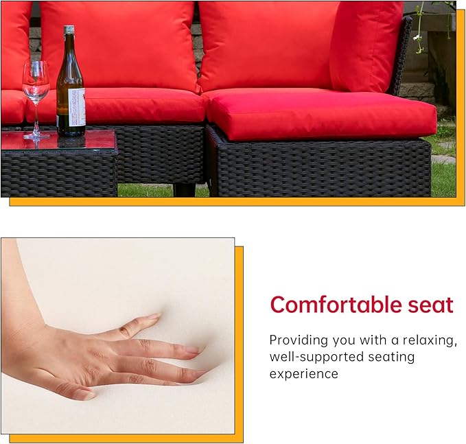 FDW Patio Furniture Sets 5 Pieces Outdoor Wicker Conversation Set Sectional Sofa Rattan Chair for Outdoor Backyard Porch Poolside Balcony Garden Furniture with Coffee Table,Red Cushion FDW