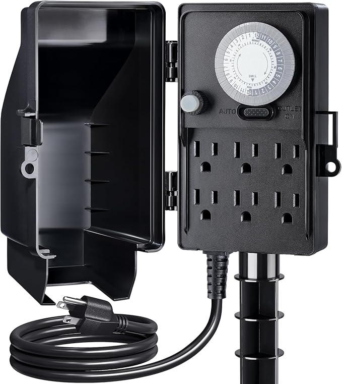 SURAIELEC Outdoor Power Stake, 24-Hour Mechanical Light Timer, Electrical Power Strip Weatherproof, 6FT Extension Cord Multiple Outlets Plug for Patio Lights, Halloween Decorations. Outdoor Light SURAIELEC