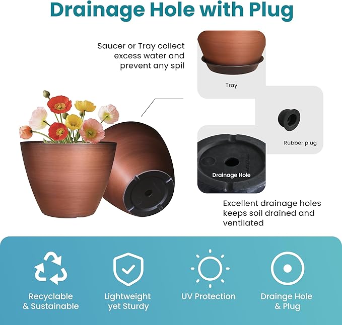 2 Pack Plastic Plant Pots with Drainage Holes, 8 inch Planter for Indoor Outdoor Plant, Garden Flower Pots for Aloe, Herbs, Cactus (Brushed Copper, 2pcs) Vanslogreen