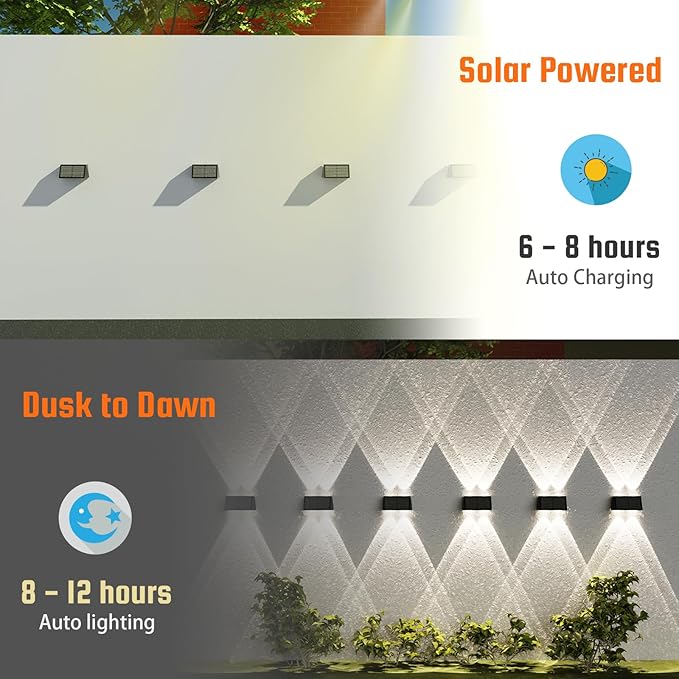 8-Pack Solar Fence Lights, Up & Down Lighting, 50LM/25LM 4 Modes (3000K/6500K), IP65 Waterproof, 1200mAh Battery, Screw/Adhesive Mount for Garden Wall Path Deck Involux