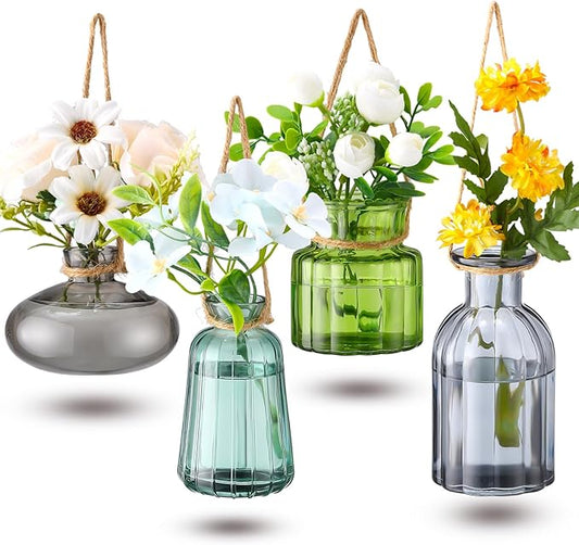 4 Pcs Stained Glass Hanging Vases Hanging Glass Planters Small Plant Terrarium Pot Containers with Rope for Garden Home Indoor Outdoor Decor, 4 Styles (Artsy) Wonderjune