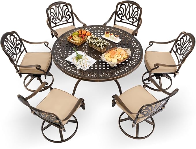 7-Piece Cast Aluminum Patio Furniture, Patio Dining Set for 6 Include 54" Round Outdoor Dining Table and 6 Swivel Chairs with Cushions & Umbrella Hole (Bronze) Rootora